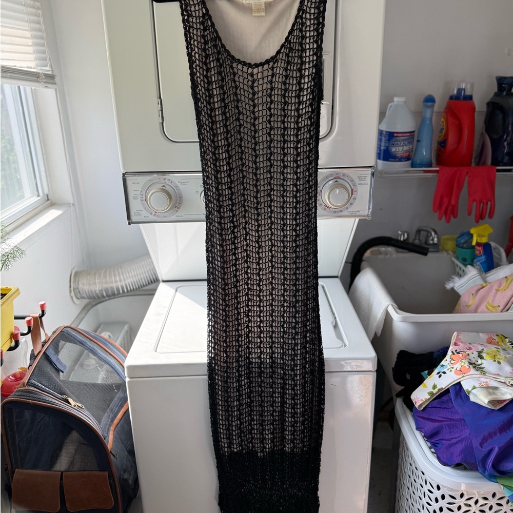 1990s Black Crochet Maxi Dress with Open Knit